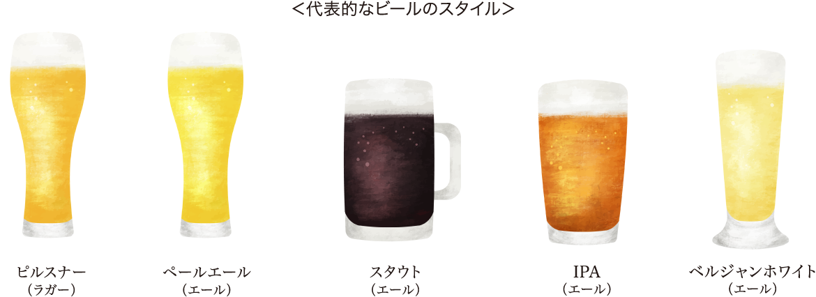 ＜代表的なビールのスタイル＞ ピルスナー ペールエール スタウト IPA ベルジャンホワイト